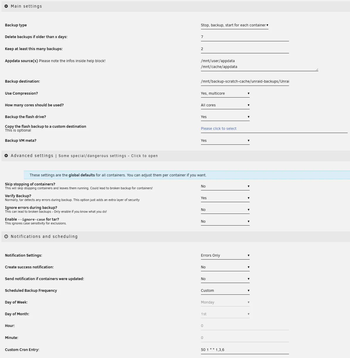 My appdata backup configuration