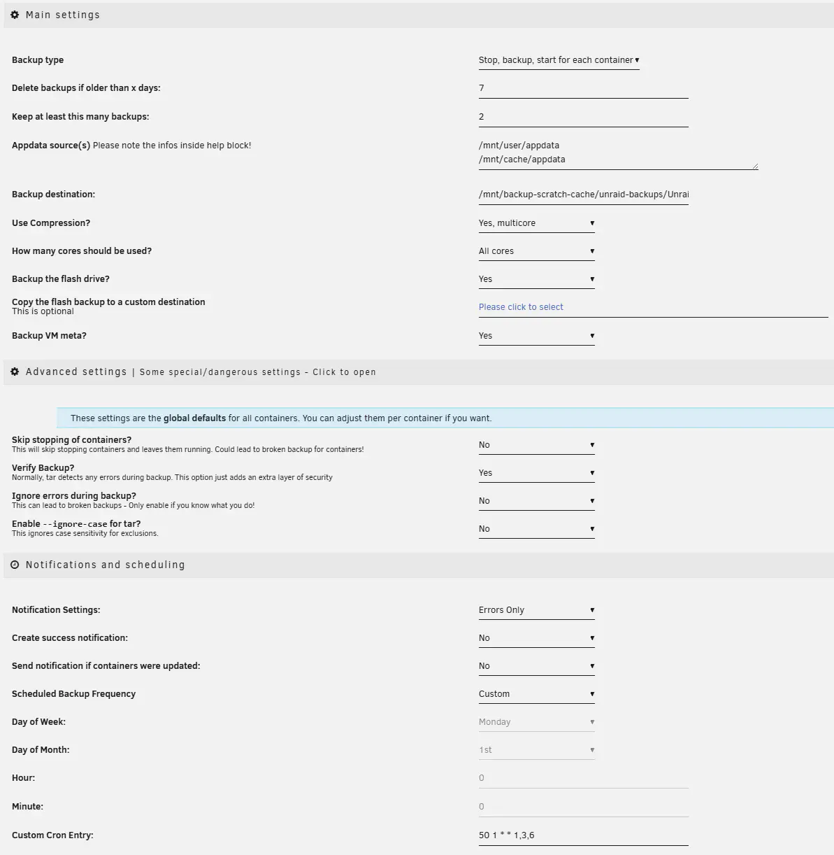 My appdata backup configuration